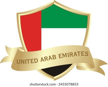 Flag of united arab emirates as around the metal gold shield with united arab emirates flag