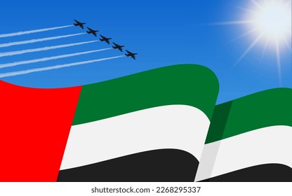 Flag of United Arab Emirates and a fighter plane formation flying in the sky. 2th December Independence day United Arab Emirates. Military aviation in the blue sky. Vector illustration