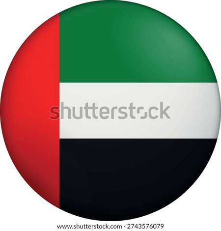 Flag of United Arab Emirates. Glossy circular flag. Button appearance. 3D Icon Design with depth. Professional, tactile look. Perfect for representing national identity in digital interfaces and perfect for websites