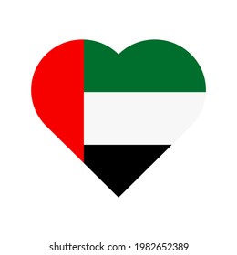 The flag of the United Arab Emirates in a heart shape. UAE flag vector icon isolated on white background.