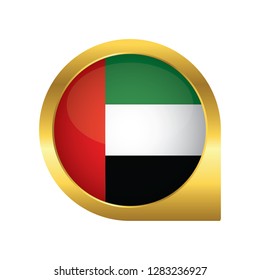 Flag of United Arab Emirates, location map pin, pointer flag, button with the reflection of light and shadow, gold frame, Icon country. Realistic vector illustration on white background.