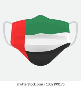 Flag of United Arab Emirates on medical face mask Front side vector isolated on white background. EPS.file. Medical face mask concept protect people in country from virus.