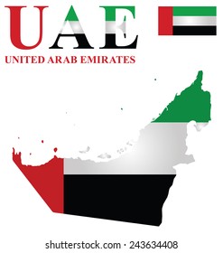 Flag of United Arab Emirates overlaid on outline map isolated on white background 