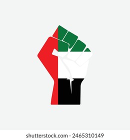 Flag of The United Arab Emirates in the shape of raised hand sign isolated on background. Fist symbol modern, simple, vector, icon for website design, mobile app, ui. Vector Illustration