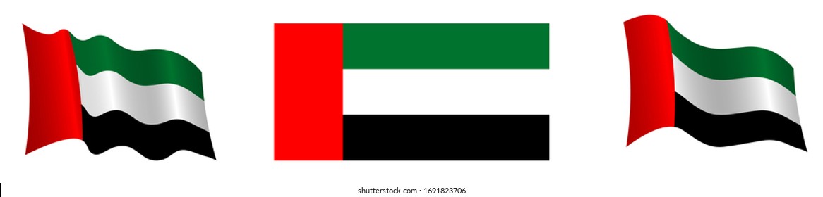 Flagge der Vereinigten Arabischen Emirate in statischer Position und in Bewegung, im Wind, auf weißem Hintergrund