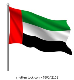 Flag of United Arab Emirates, vector illustration. Waving flag of UAE. Illustration of Asian country flag on flagpole. Vector 3d icon isolated on white background