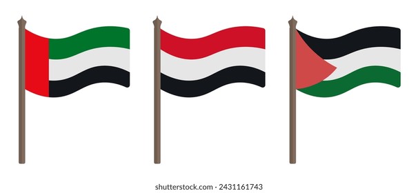 Flag of the United Arab Emirates, Yemen and Palestine. Set of color vector illustrations. Symbols of states. Political topics. Flat style. National sign. Isolated background. Idea for web design.