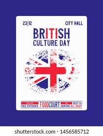 Flag of United Kingdom with brush effect and information text poster, vector illustration. Brittish culture day. Great Britain flag template design.