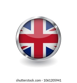 Flag of united kingdom, button with metal frame and shadow. united kingdom flag vector icon, badge with glossy effect and metallic border. Realistic vector illustration on white background.