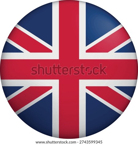 Flag of United Kingdom. Glossy circular flag. Button appearance. 3D Icon Design with depth. Professional, tactile look. Perfect for representing national identity in digital interfaces and perfect for websites