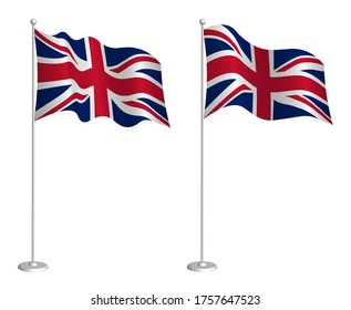 flag of United Kingdom of Great Britain and Northern Ireland on flagpole waving in the wind. Holiday design element. Checkpoint for map symbols. Isolated vector on white background