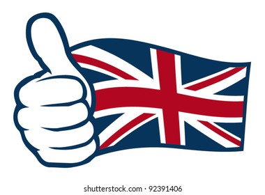 Flag of United Kingdom of Great Britain and Northern Ireland. Hand showing thumbs up.