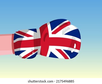 Flag of United Kingdom on boxing glove. Confrontation between countries with competitive power. Offensive attitude. Separation of power. Template ready design.