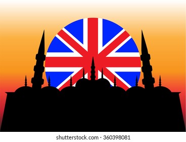 Flag of United Kingdom on the sunset background with a mosque on it