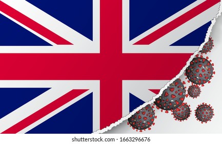 Flag of United Kingdom with outbreak deadly coronavirus covid-19. Banner with the spread of Coronavirus 2019-nCoV virus strain. A large coronavirus bacteriums against background of the national flag.
