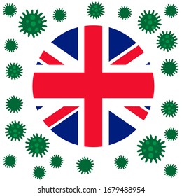 Flag of United Kingdom with outbreak deadly coronavirus covid-19. Banner with the spread of Coronavirus 2019-nCoV virus strain. A large coronavirus bacteriums against background of the national flag.