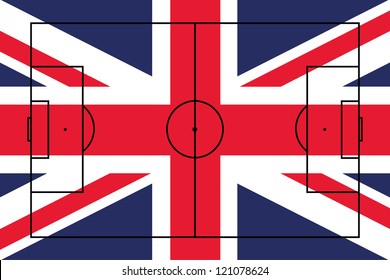 The flag of the United Kingdom with the outline of a football pitch on it