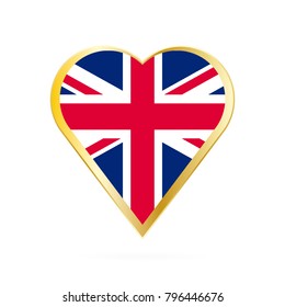 Flag of United Kingdom in the shape of Heart, symbol of Love Gold version.