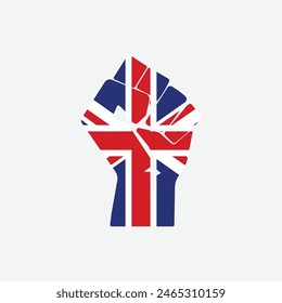 Flag of The United Kingdom in the shape of raised hand sign isolated on background. Fist symbol modern, simple, vector, icon for website design, mobile app, ui. Vector Illustration