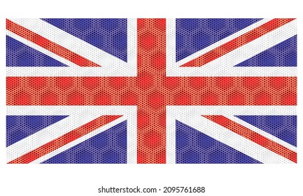 Flag Of The United Kingdom Vector Illustration. British Flag With Random Size Hexagonal Honeycomb Pattern Isolated On A White Background
