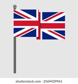 The flag of the United Kingdom waving on a gray flagpole. Vector illustration