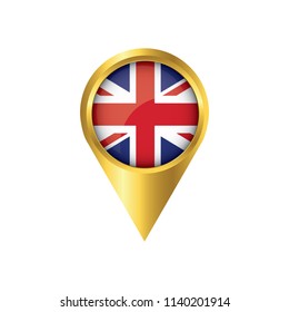 Flag of United Kingdom.symbol check in United Kingdom, golden map pointer with the national flag of United Kingdom in the button. vector illustration.