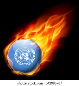 Flag of United Nations as round glossy icon burning in flame