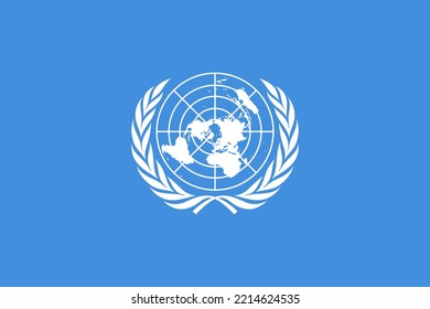 Bandera de las Naciones Unidas (ONU), territorio internacional, emblema blanco de las Naciones Unidas - mapa mundial de proyección equidistante de los azimutales polares rodeado de dos ramas de olivo - sobre un fondo azul
