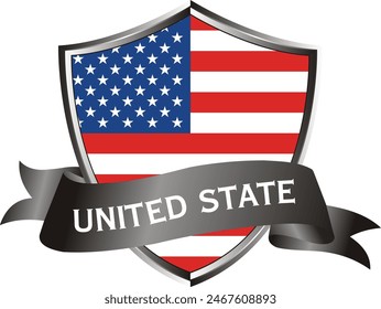 Flag of united state as around the metal silver shield with united state flag