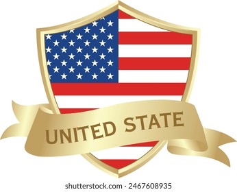 Flag of united state as around the metal gold shield with united state flag