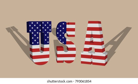 Flag of United States in 3d text on the pastel background. Massive letters with a shadow in perspective. Vector color image.