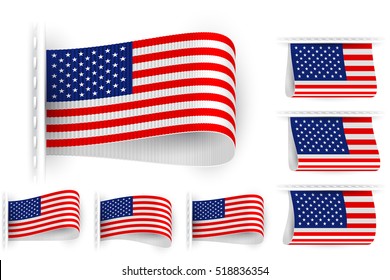 Flag of United States of America is embroidered on the textile tag and sewn with a thread stitch; Set of vector realistic icons of flag of USA from a fabric loop