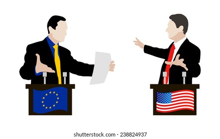 Flag of the United States of America. European Union. The debate the speakers. Rhetoric, negotiations and disputes between the parties. Vector. Icon.