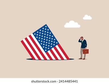 Die Flagge der Vereinigten Staaten von Amerika fiel in eine Grube. Krise in den USA. Symbol für Krise, Rezession, Absturz und Börsenkrach. Vektorgrafik-Konzept.