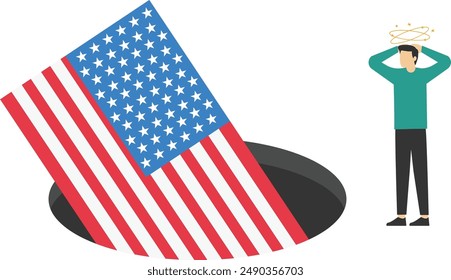 Flag United States of America fell into a pit. Crisis in USA. Symbol of crisis, recession, downfall and stock market crash. Vector illustration concept.

