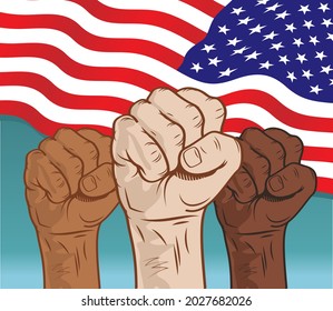 Flag of the United States of America with fists up as a symbol of the fight for equality and freedom. Independence Day holiday. Vector illustration.