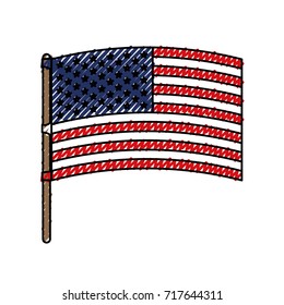 flag united states of america in flagpole waving colored crayon silhouette vector illustration