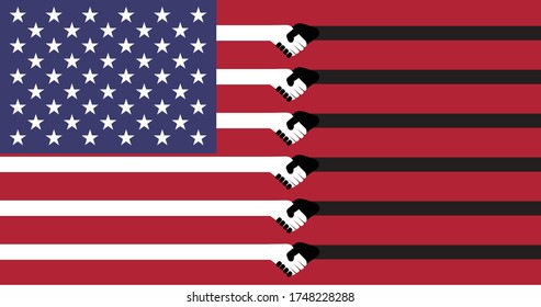 The flag of the United States of America has a white and black stripe showing the handshake symbol for reconciliation / hope for racism in America will change for the better.