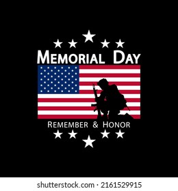 Flag of the United States of America and the inscription Memorial Day. The soldier knelt in respect.