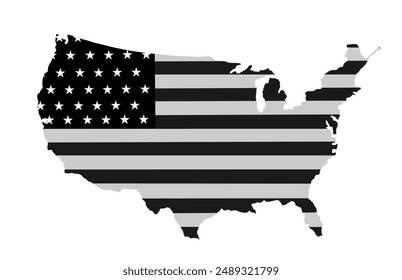 Flag United States of America map vector silhouette illustration isolated. Map USA flag. Shape America patriotic symbol. Graphic black and white USA map flag.