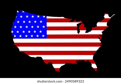 Flag United States of America map vector silhouette illustration isolated. Map USA flag. Shape America patriotic symbol.