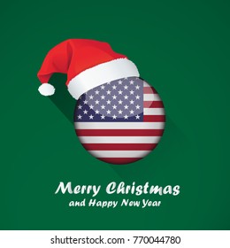 Flag of united states of america. Merry Christmas and happy new year background design with glossy round Flag of united states of america. vector illustration.
