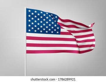 Flag of United States of America on white steel pole isolated on white background. National symbol of USA, silk waving banner with red and white stripes, with stars on blue color. Vector 3d