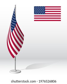 flag of United States of America on flagpole for registration of solemn event, meeting foreign guests. National independence day of USA. Realistic 3D vector on white