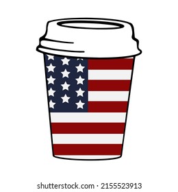 Una bandera de los Estados Unidos de América en una taza de papel se acerca al fondo blanco. Día de la Independencia de EE.UU. La copa de recuerdo de la bandera de los Estados Unidos de América. Ilustración vectorial. Arte de línea