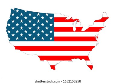 Flag of the United States of America overlaid on detailed outline map isolated on white background. United states of America map with flag.