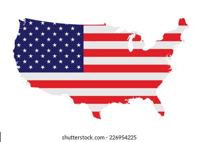 Flag of the United States of America overlaid on detailed outline map isolated on white background 