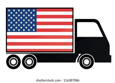 The flag of the United States of America painted on the side of the silhouette of a truck
