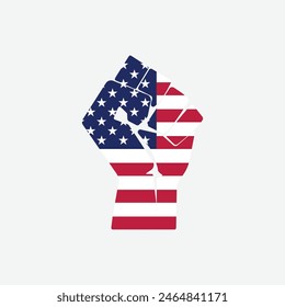 Flag of The United States of America in the shape of raised hand sign isolated on background. Fist symbol modern, simple, vector, icon for website design, mobile app, ui. Vector Illustration