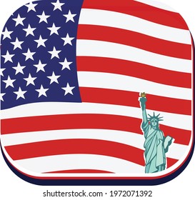 The flag of the United States of America is shaped like a box with an icon of the statue of liberty inside